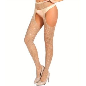 Crotchless Stockings With Rhinestones  Beige - S/M