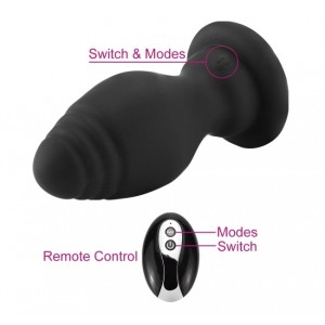 Wireless Silicone Anal Plug with Tail, 10 Vibrating Modes, USB Rechargeable - Black / White